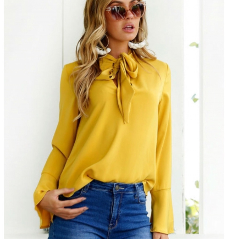 Amo Mustard Bow Tie Long Bell Sleeves Blouse - Picture 2 of 6